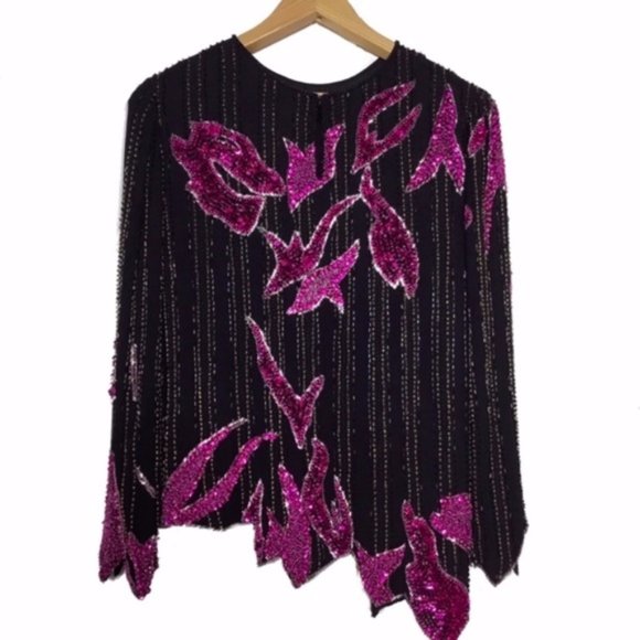 Vintage Art To Wear Sequin Beaded Black Pink Top - Picture 3 of 8